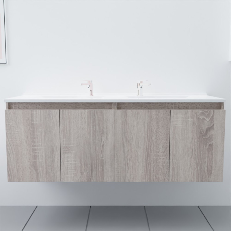 Meuble salle de bain double vasque suspendu 140 cm avec porte pivotante et plan vasque PROLINE - Cambrian Oak Chêne Meuble salle de bain double vasque suspendu 140 cm avec porte pivotante et plan vasque PROLINE - Cambrian Oak Chêne
