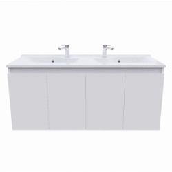 Meuble salle de bain double vasque suspendu 140 cm avec porte pivotante et plan vasque PROLINE - Blanc brillant