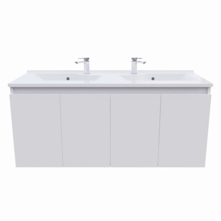 Meuble salle de bain double vasque suspendu 140 cm avec porte pivotante et plan vasque PROLINE - Blanc brillant