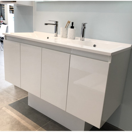 Meuble salle de bain double vasque suspendu 140 cm avec porte pivotante et plan vasque PROLINE - Blanc brillant