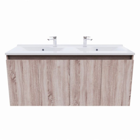 Meuble salle de bain double vasque suspendu 140 cm avec porte pivotante et plan vasque PROLINE - Cambrian Oak Chêne