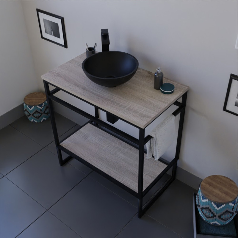 Meuble salle de bain ouvert en métal noir STRUCTURA 80 cm avec vasque à poser noire Meuble salle de bain ouvert en métal noir STRUCTURA 80 cm avec vasque à poser noire