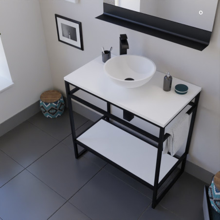 Meuble salle de bain ouvert en métal noir STRUCTURA 80 cm avec vasque à poser blanche 
