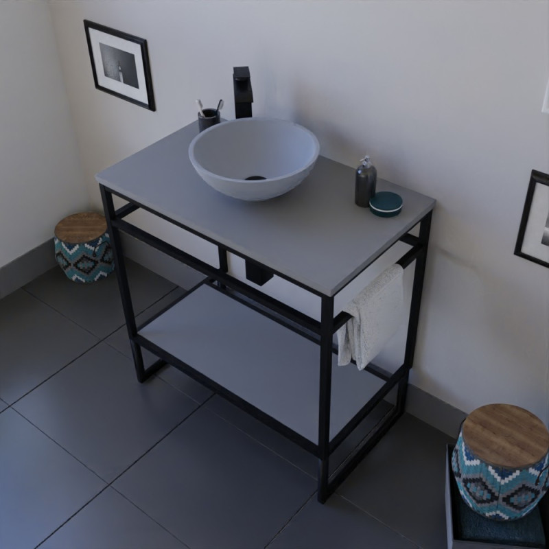 Meuble salle de bain ouvert en métal noir STRUCTURA 80 cm avec vasque à poser grise Meuble salle de bain ouvert en métal noir STRUCTURA 80 cm avec vasque à poser grise