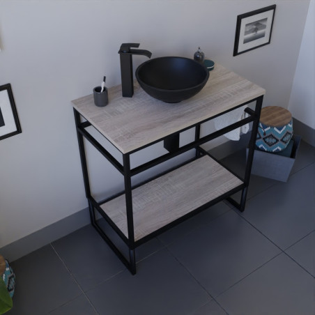 Meuble salle de bain ouvert en métal noir STRUCTURA 80 cm avec vasque à poser noire
