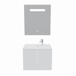 Meuble salle de bain suspendu 70 cm avec porte pivotante avec plan vasque en résine PROLINE et miroir Elégance ht80 - Blanc bril
