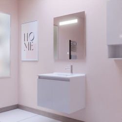 Meuble salle de bain suspendu 70 cm avec porte pivotante avec plan vasque en résine PROLINE et miroir Elégance ht80 - Blanc bril
