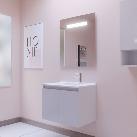 Meuble salle de bain suspendu 70 cm avec porte pivotante avec plan vasque en résine PROLINE et miroir Elégance ht80 - Blanc bril