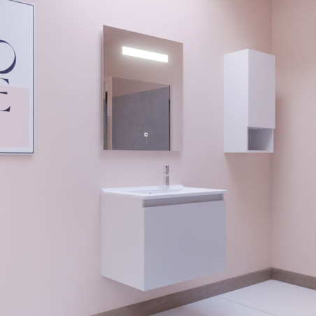 Meuble salle de bain suspendu 70 cm avec porte pivotante avec plan vasque en résine PROLINE et miroir Elégance ht80 - Blanc bril
