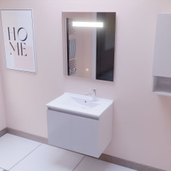 Meuble salle de bain suspendu 70 cm avec porte pivotante avec plan vasque en résine PROLINE et miroir Elégance ht80 - Blanc bril