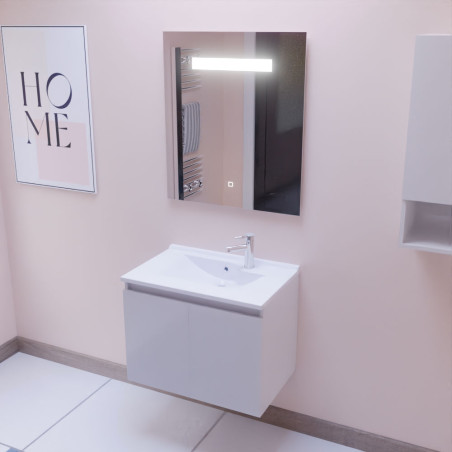 Meuble salle de bain suspendu 70 cm avec porte pivotante avec plan vasque en résine PROLINE et miroir Elégance ht80 - Blanc bril