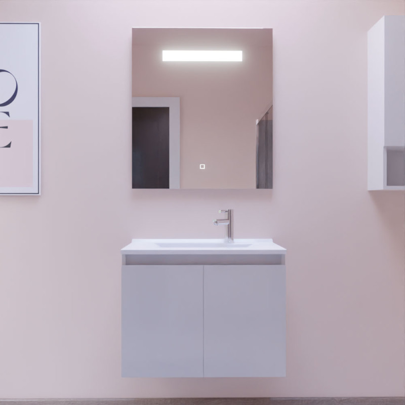 Meuble salle de bain suspendu 70 cm avec porte pivotante avec plan vasque en résine PROLINE et miroir Elégance ht80 - Blanc bril Meuble salle de bain suspendu 70 cm avec porte pivotante avec plan vasque en résine PROLINE et miroir Elégance ht80 - Blanc bril