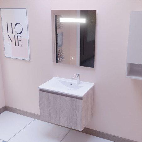Meuble salle de bain suspendu 70 cm avec porte pivotante avec plan vasque en résine PROLINE et miroir Elégance ht80 - Cambrian O