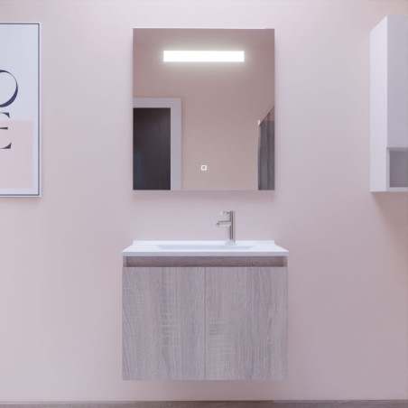 Meuble salle de bain suspendu 70 cm avec porte pivotante avec plan vasque en résine PROLINE et miroir Elégance ht80 - Cambrian O