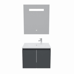 Meuble salle de bain suspendu 70 cm avec porte pivotante avec plan vasque en résine PROLINE et miroir Elégance ht80 - Gris anthr