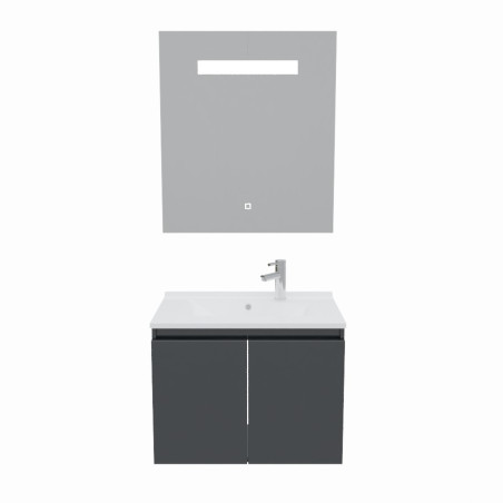 Meuble salle de bain suspendu 70 cm avec porte pivotante avec plan vasque en résine PROLINE et miroir Elégance ht80 - Gris anthr