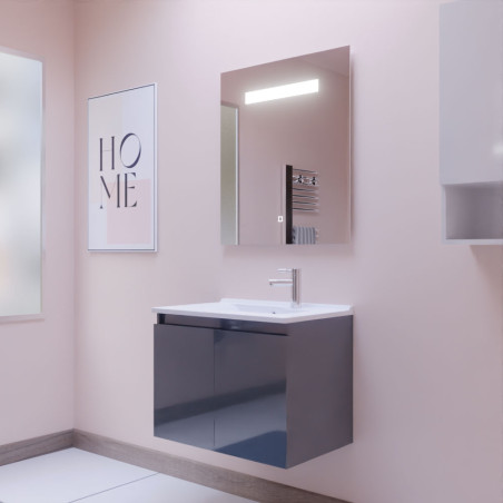Meuble salle de bain suspendu 70 cm avec porte pivotante avec plan vasque en résine PROLINE et miroir Elégance ht80 - Gris anthr