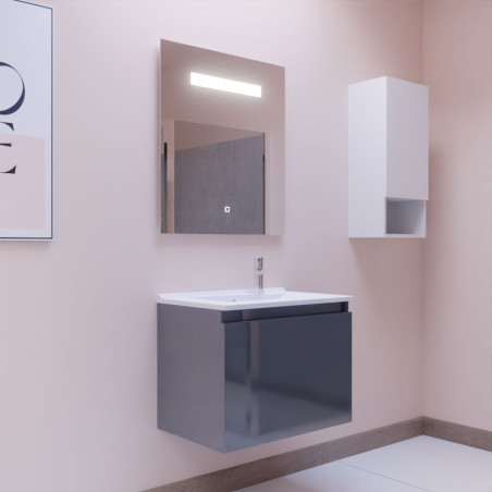 Meuble salle de bain suspendu 70 cm avec porte pivotante avec plan vasque en résine PROLINE et miroir Elégance ht80 - Gris anthr