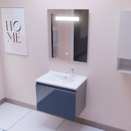 Meuble salle de bain suspendu 70 cm avec porte pivotante avec plan vasque en résine PROLINE et miroir Elégance ht80 - Gris anthr