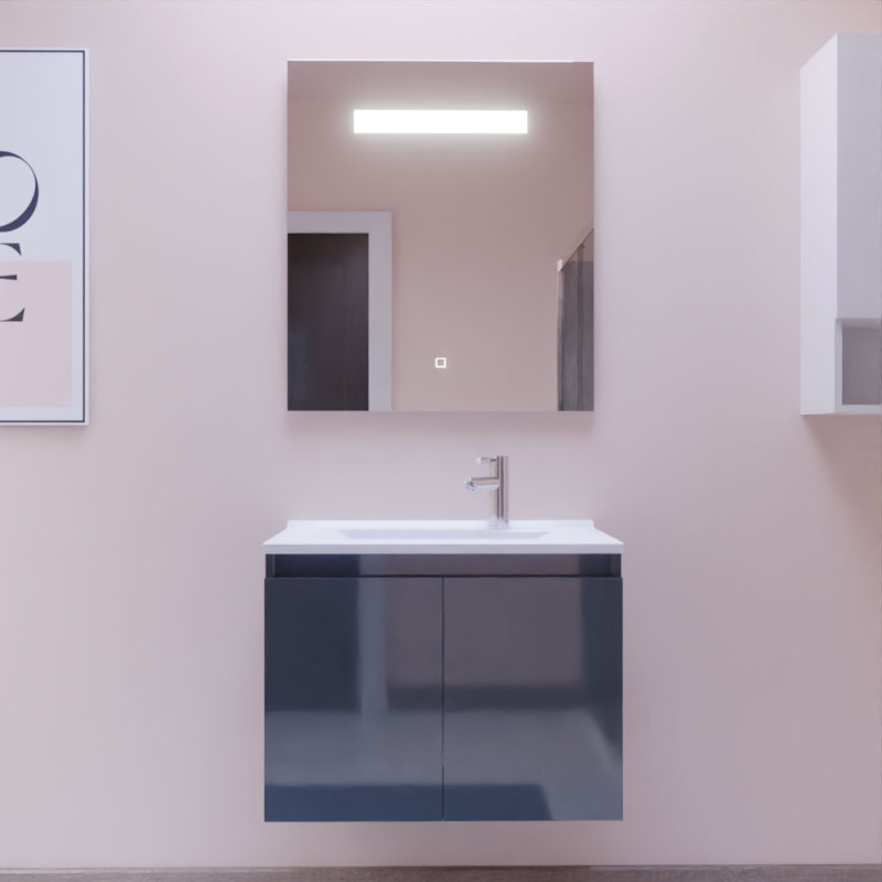 Meuble salle de bain suspendu 70 cm avec porte pivotante avec plan vasque en résine PROLINE et miroir Elégance ht80 - Gris anthr Meuble salle de bain suspendu 70 cm avec porte pivotante avec plan vasque en résine PROLINE et miroir Elégance ht80 - Gris anthr