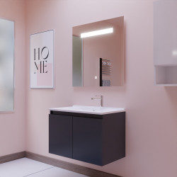 Meuble salle de bain suspendu 80 cm avec porte pivotante avec plan vasque en résine PROLINE et miroir Elégance ht80 - Gris anthr