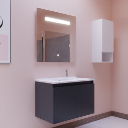 Meuble salle de bain suspendu 80 cm avec porte pivotante avec plan vasque en résine PROLINE et miroir Elégance ht80 - Gris anthr