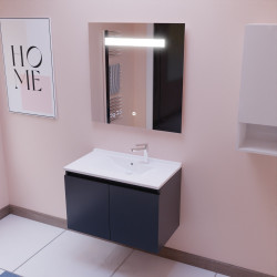 Meuble salle de bain suspendu 80 cm avec porte pivotante avec plan vasque en résine PROLINE et miroir Elégance ht80 - Gris anthr