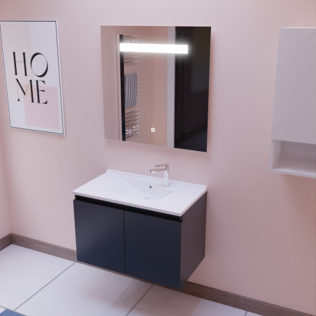 Meuble salle de bain suspendu 80 cm avec porte pivotante avec plan vasque en résine PROLINE et miroir Elégance ht80 - Gris anthr