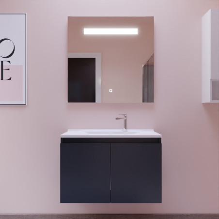 Meuble salle de bain suspendu 80 cm avec porte pivotante avec plan vasque en résine PROLINE et miroir Elégance ht80 - Gris anthr