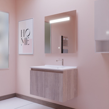 Meuble salle de bain suspendu 80 cm avec porte pivotante avec plan vasque en résine PROLINE et miroir Elégance ht80 - Cambrian O