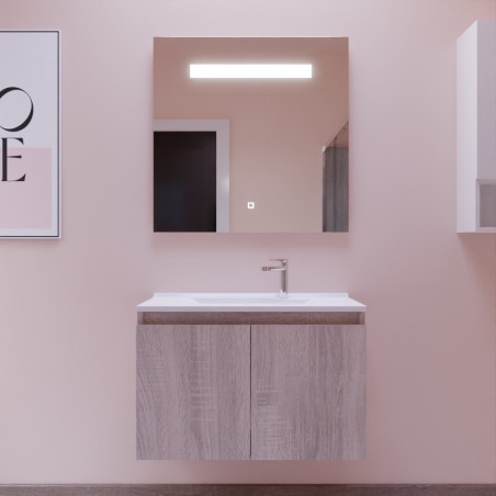 Meuble salle de bain suspendu 80 cm avec porte pivotante avec plan vasque en résine PROLINE et miroir Elégance ht80 - Cambrian O