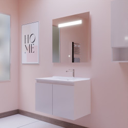Meuble salle de bain suspendu 80 cm avec porte pivotante avec plan vasque en résine PROLINE et miroir Elégance ht80 - Blanc bril