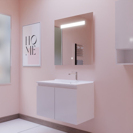 Meuble salle de bain suspendu 80 cm avec porte pivotante avec plan vasque en résine PROLINE et miroir Elégance ht80 - Blanc bril