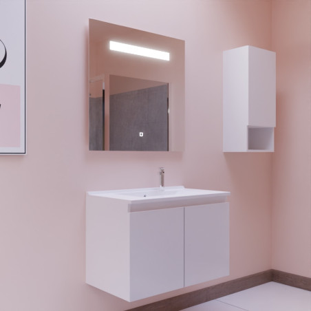 Meuble salle de bain suspendu 80 cm avec porte pivotante avec plan vasque en résine PROLINE et miroir Elégance ht80 - Blanc bril