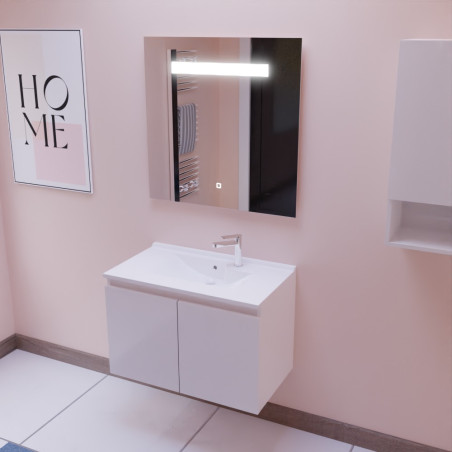 Meuble salle de bain suspendu 80 cm avec porte pivotante avec plan vasque en résine PROLINE et miroir Elégance ht80 - Blanc bril