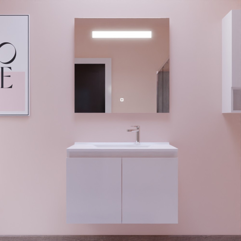 Meuble salle de bain suspendu 80 cm avec porte pivotante avec plan vasque en résine PROLINE et miroir Elégance ht80 - Blanc bril Meuble salle de bain suspendu 80 cm avec porte pivotante avec plan vasque en résine PROLINE et miroir Elégance ht80 - Blanc bril