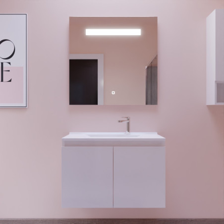 Meuble salle de bain suspendu 80 cm avec porte pivotante avec plan vasque en résine PROLINE et miroir Elégance ht80 - Blanc bril