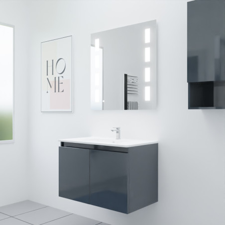 Meuble salle de bain suspendu 80 cm avec porte pivotante avec plan vasque en résine PROLINE et miroir Prestige - Gris anthracite