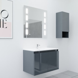 Meuble salle de bain suspendu 80 cm avec porte pivotante avec plan vasque en résine PROLINE et miroir Prestige - Gris anthracite