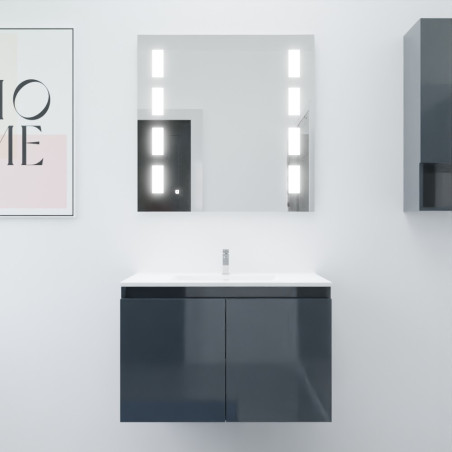 Meuble salle de bain suspendu 80 cm avec porte pivotante avec plan vasque en résine PROLINE et miroir Prestige - Gris anthracite
