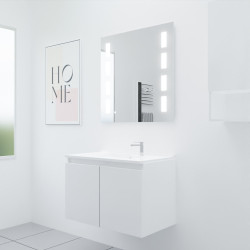 Meuble salle de bain suspendu 80 cm avec porte pivotante avec plan vasque en résine PROLINE et miroir Prestige - Blanc brillant