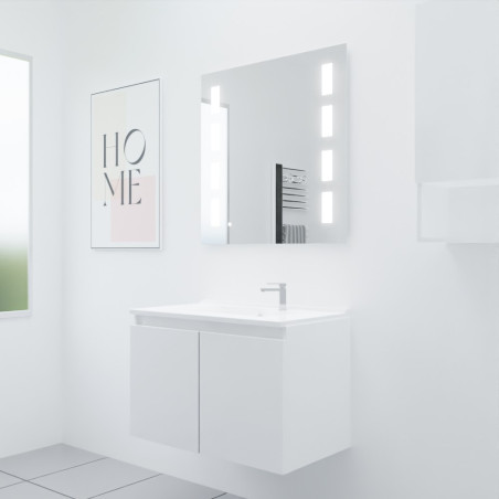 Meuble salle de bain suspendu 80 cm avec porte pivotante avec plan vasque en résine PROLINE et miroir Prestige - Blanc brillant
