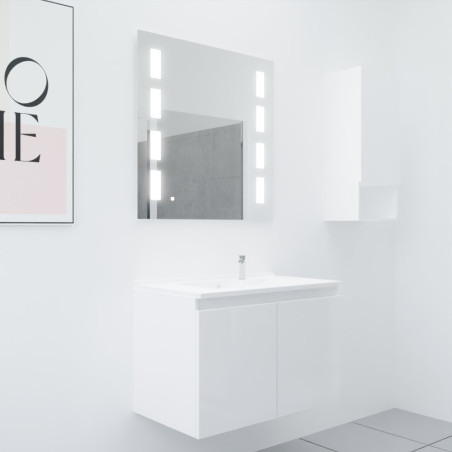 Meuble salle de bain suspendu 80 cm avec porte pivotante avec plan vasque en résine PROLINE et miroir Prestige - Blanc brillant