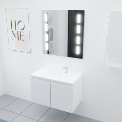 Meuble salle de bain suspendu 80 cm avec porte pivotante avec plan vasque en résine PROLINE et miroir Prestige - Blanc brillant
