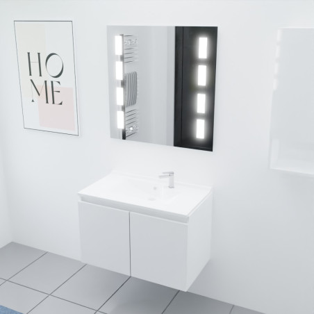 Meuble salle de bain suspendu 80 cm avec porte pivotante avec plan vasque en résine PROLINE et miroir Prestige - Blanc brillant