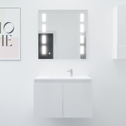 Meuble salle de bain suspendu 80 cm avec porte pivotante avec plan vasque en résine PROLINE et miroir Prestige - Blanc brillant