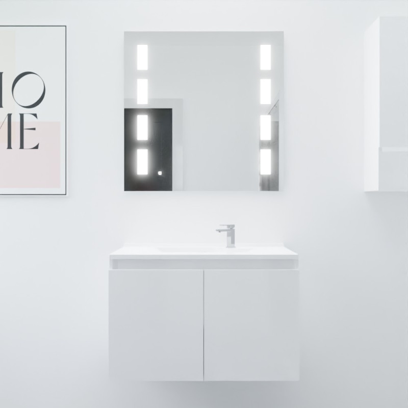 Meuble salle de bain suspendu 80 cm avec porte pivotante avec plan vasque en résine PROLINE et miroir Prestige - Blanc brillant Meuble salle de bain suspendu 80 cm avec porte pivotante avec plan vasque en résine PROLINE et miroir Prestige - Blanc brillant