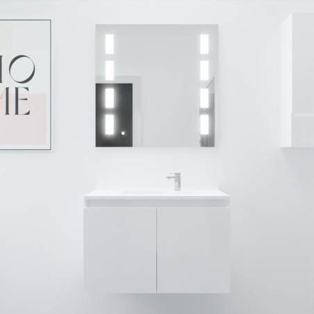 Meuble salle de bain suspendu 80 cm avec porte pivotante avec plan vasque en résine PROLINE et miroir Prestige - Blanc brillant