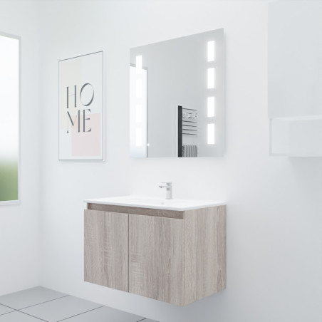 Meuble salle de bain suspendu 80 cm avec porte pivotante avec plan vasque en résine PROLINE et miroir Prestige - Cambrian Oak Ch