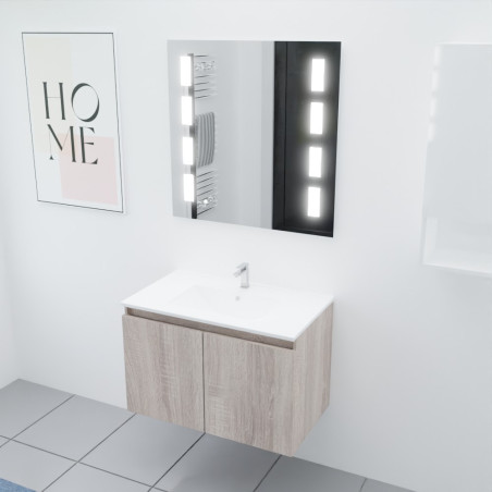 Meuble salle de bain suspendu 80 cm avec porte pivotante avec plan vasque en résine PROLINE et miroir Prestige - Cambrian Oak Ch